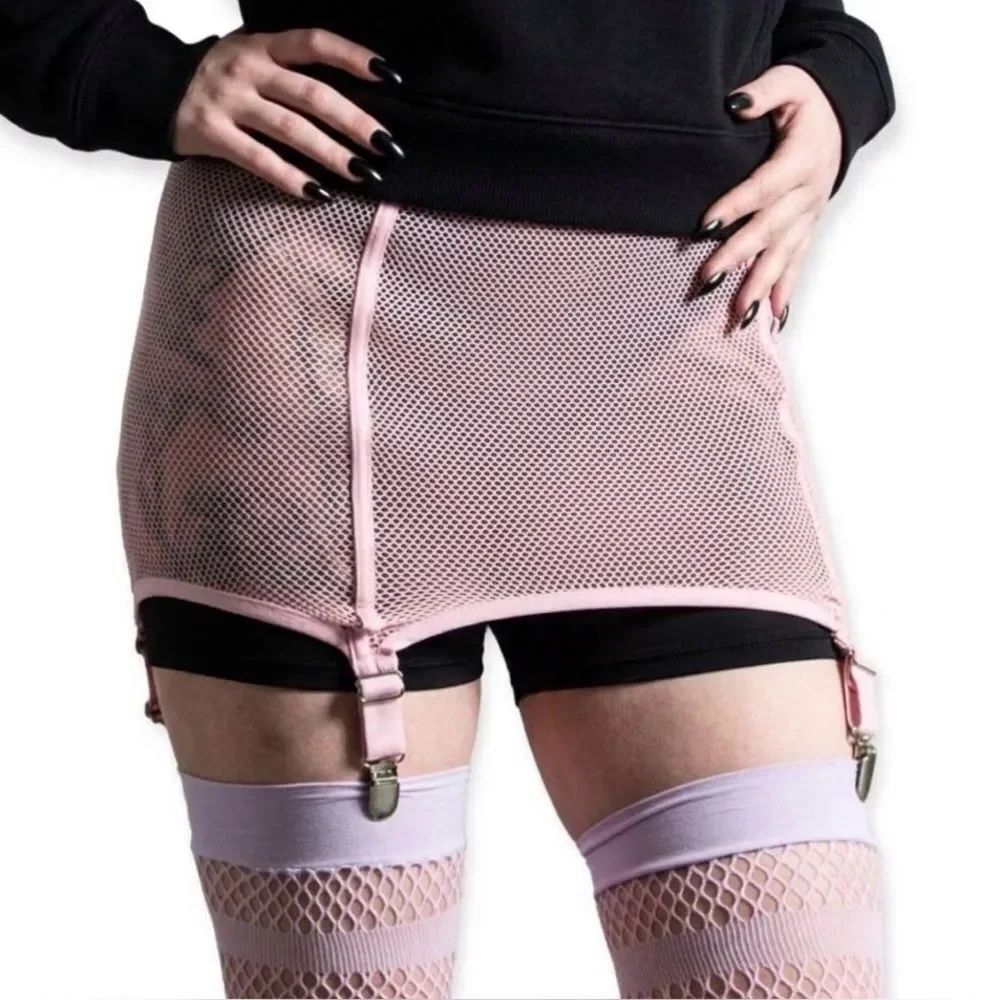 Killstar Heartbeats Pink Fishnet Mini Skirt - Suspender Garter Clips - Large NWT